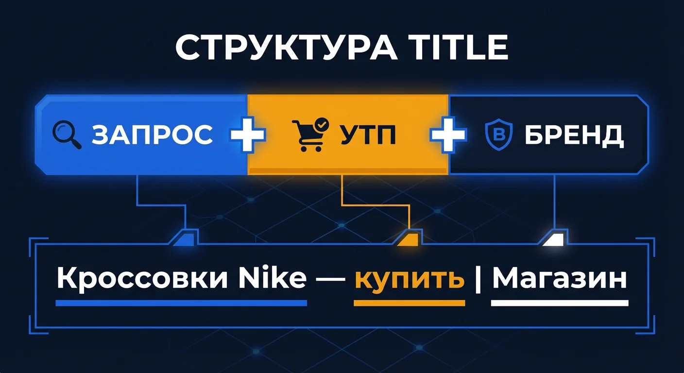 Диаграмма: структура идеального тега title для SEO - основной запрос, УТП и бренд с наглядным примером