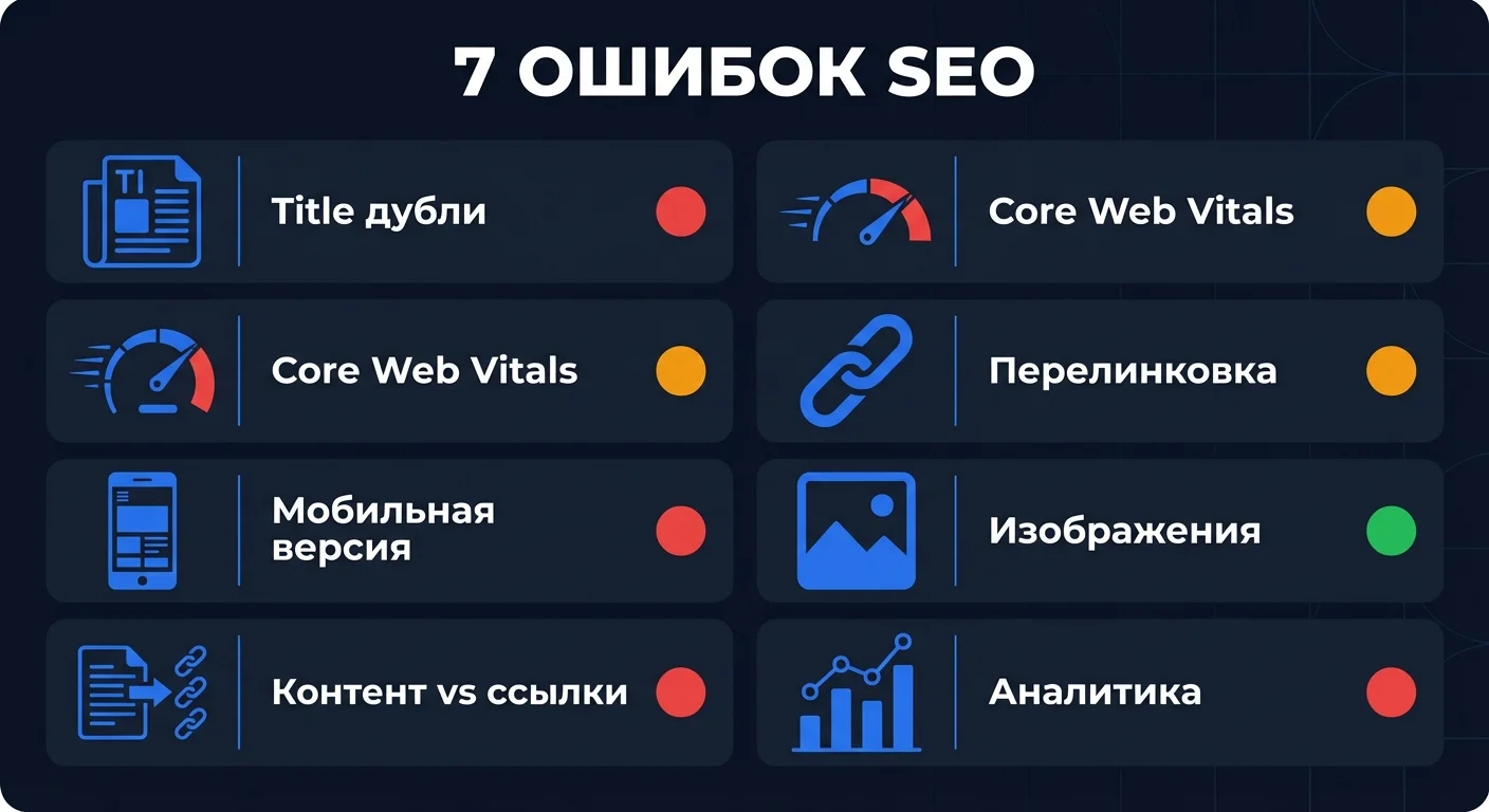 Инфографика: семь SEO-ошибок с уровнями критичности - от дублированных title до отсутствия аналитики