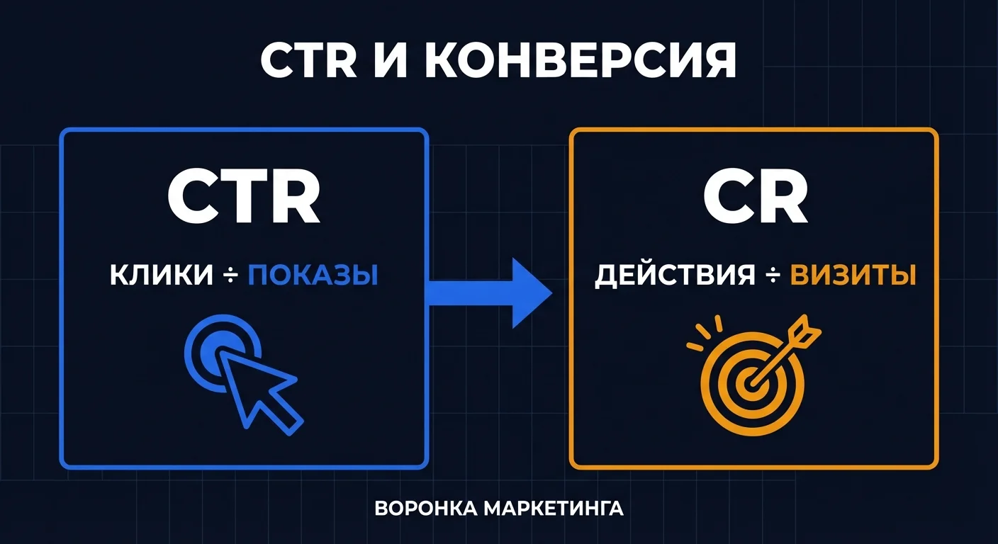 Диаграмма: связь CTR и конверсии - формулы расчета, воронка от показов через клики до целевых действий на сайте