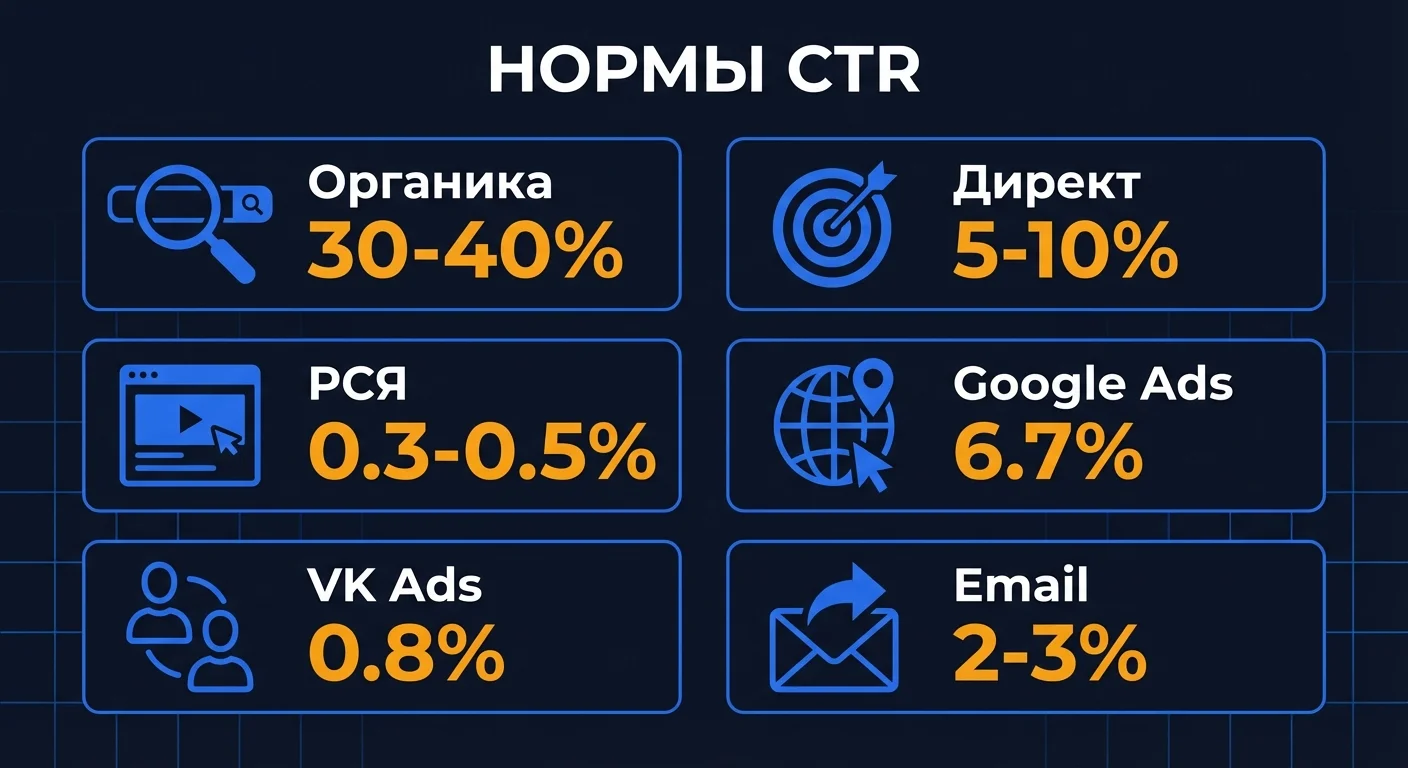 Инфографика: нормы CTR по каналам маркетинга - органика, Директ, РСЯ, Google Ads, ВКонтакте и email-рассылки