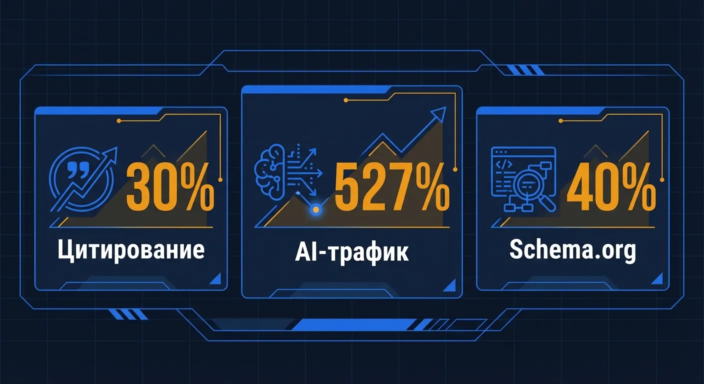 Метрики GEO-оптимизации: citation rate 30%, рост AI-трафика 527%, эффект Schema.org +40%