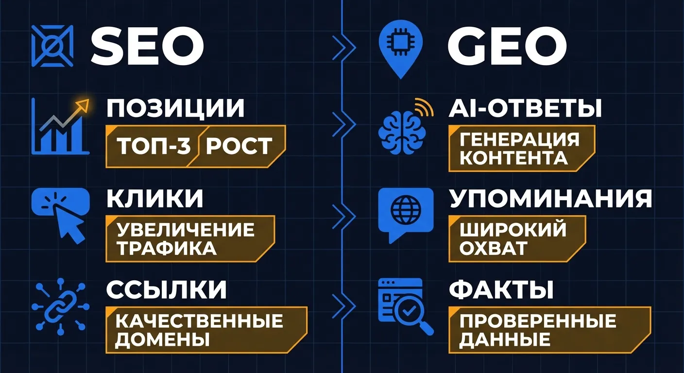 Сравнение подходов GEO и SEO: ключевые отличия в целях, инструментах и метриках продвижения сайта в 2026 году