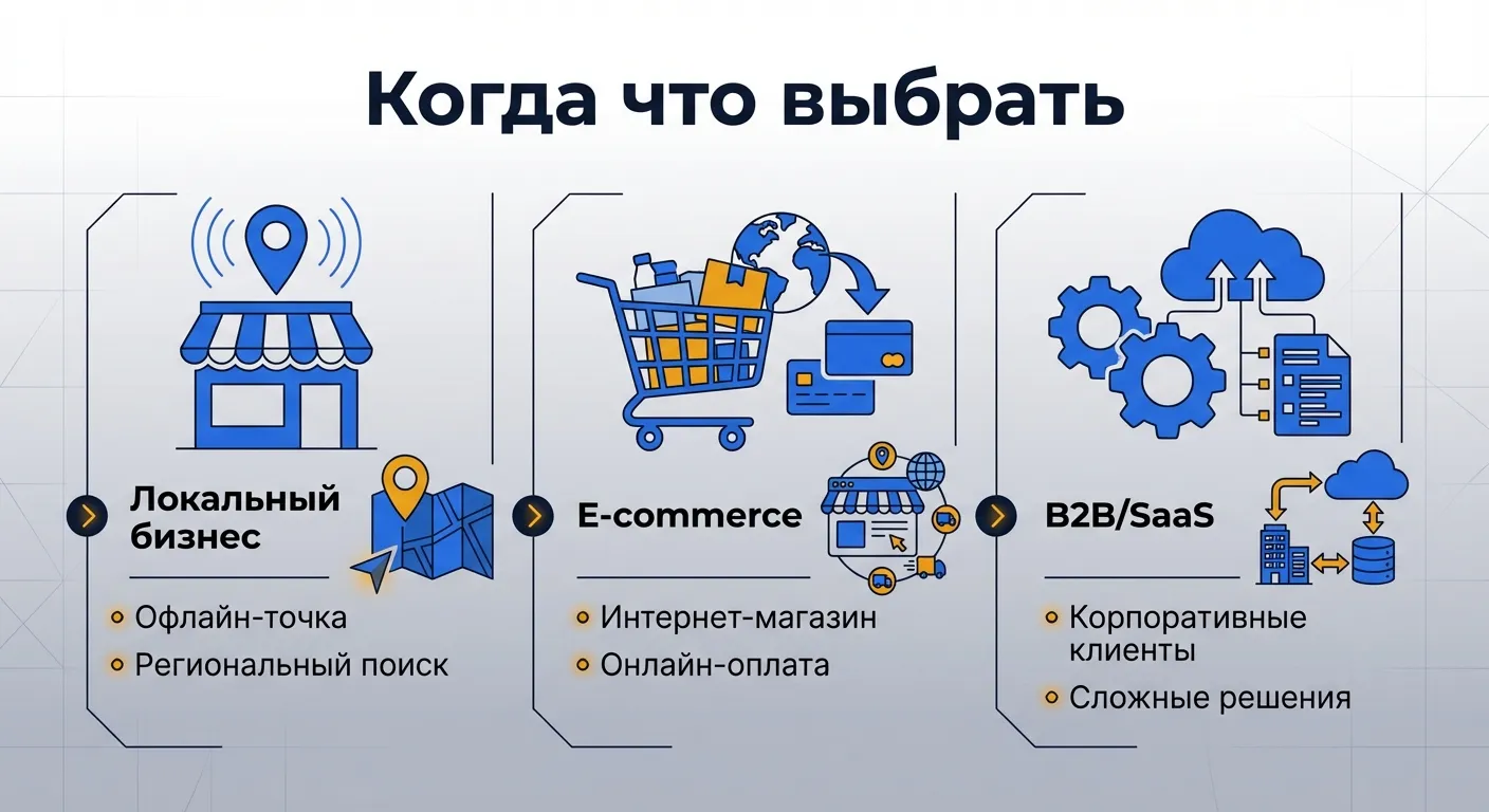Инфографика: три сценария выбора между SEO и GEO в зависимости от типа бизнеса и бюджета