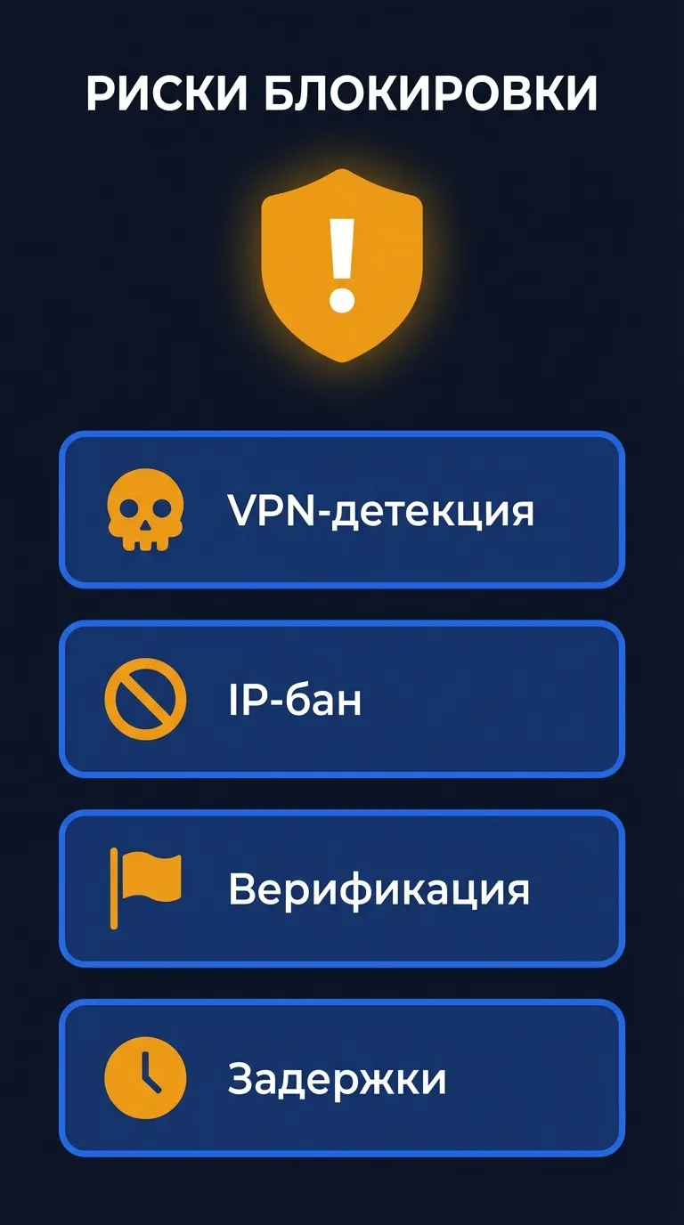 Основные риски блокировки аккаунта Google Ads: детекция VPN, бан по IP-адресу, запрос верификации документов и задержки модерации