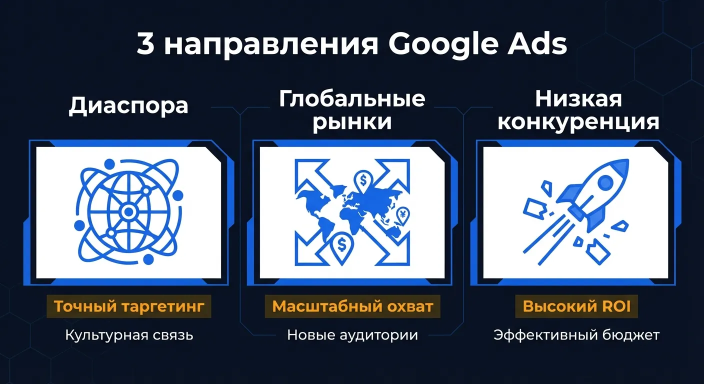 Инфографика: три направления международного Google Ads из России - диаспора, глобальные рынки, low-competition страны