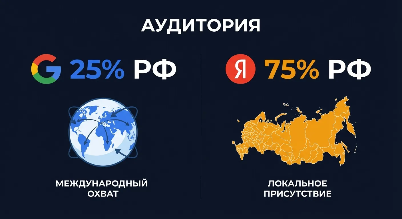 Распределение аудитории: Google охватывает около 25 процентов российского рынка с международным фокусом, Яндекс занимает 75 процентов внутреннего рынка