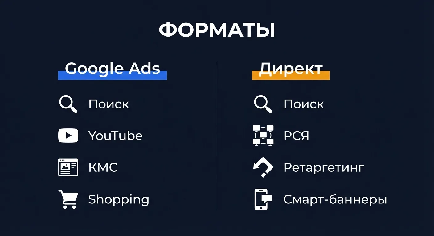 Сравнение рекламных форматов: Google Ads предлагает Search, YouTube, Display и Shopping, Яндекс Директ - поиск, РСЯ, ретаргетинг и смарт-баннеры