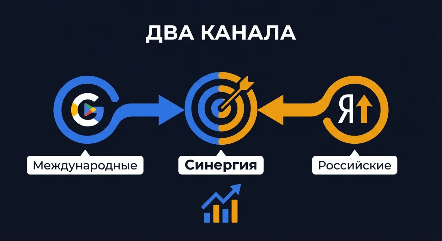 Стратегия использования двух каналов: Google Ads для международных клиентов и Яндекс Директ для российских, синергия дает лучший результат