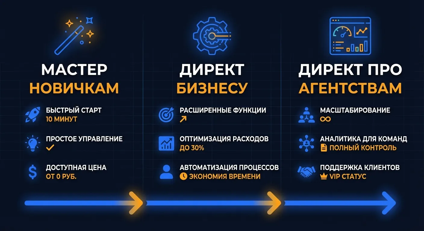Сравнение: три режима Яндекс.Директ — Мастер кампаний для новичков, Директ для бизнеса и Директ Про для агентств