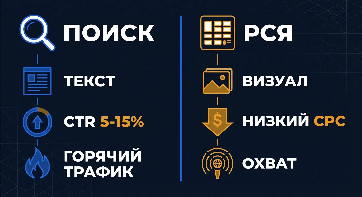 Сравнение: поисковая реклама и РСЯ в Яндекс.Директ — отличия по формату, CTR, стоимости клика и охвату