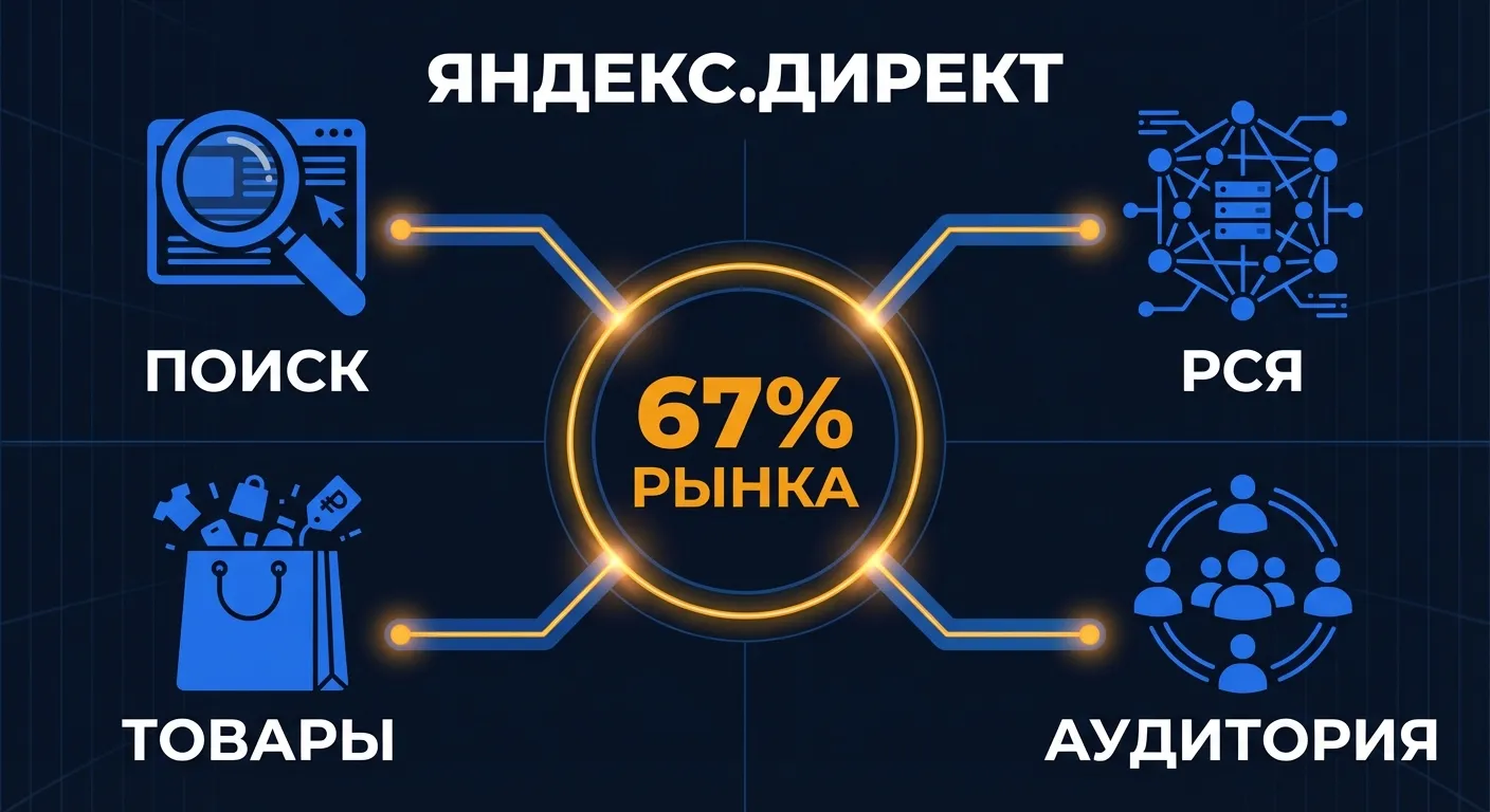 Инфографика: основные рекламные форматы Яндекс.Директ — поиск, РСЯ, товары и аудитории с долей рынка 67%