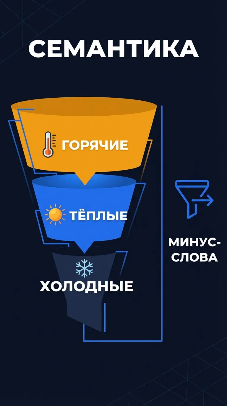 Инфографика: структура семантического ядра в Яндекс.Директ — горячие, тёплые и холодные запросы с минус-словами