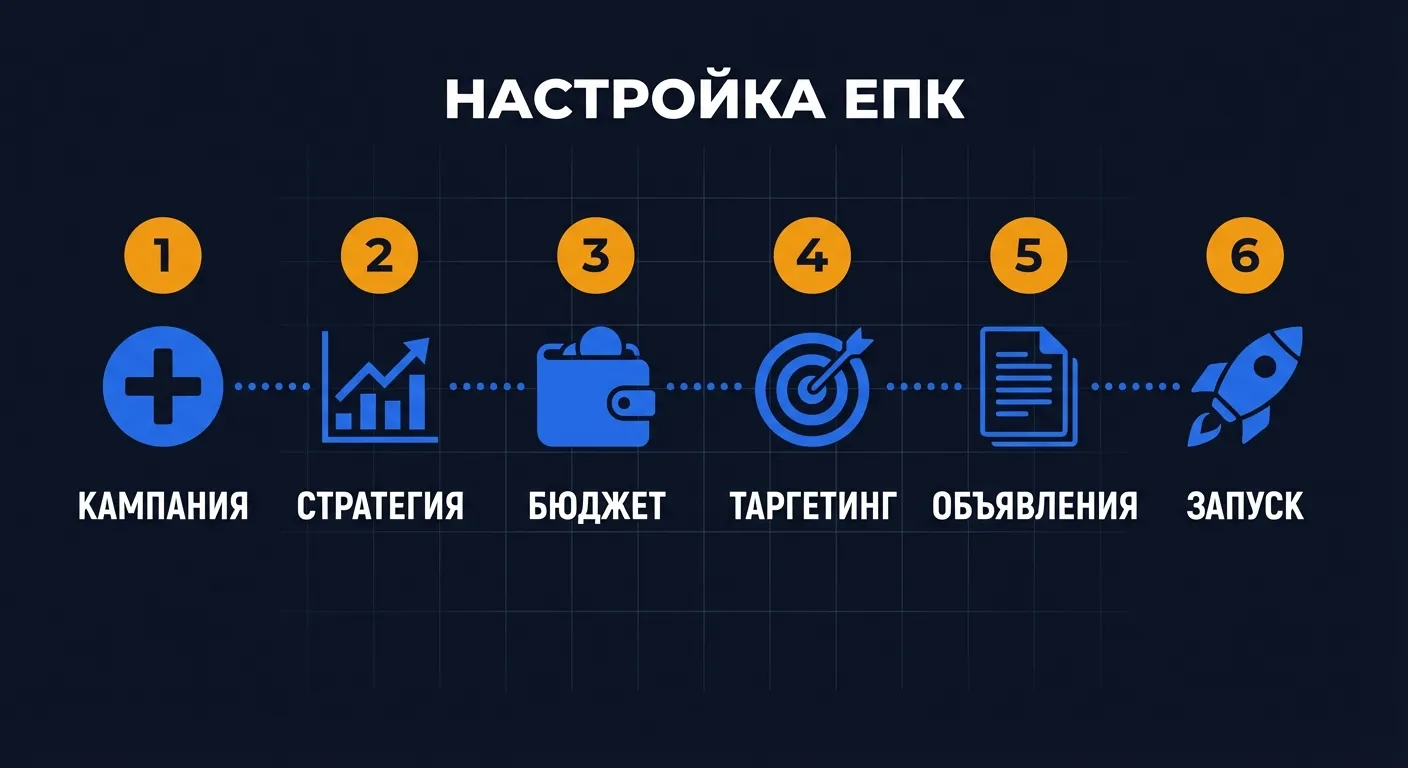 Схема: пошаговая настройка единой перформанс-кампании в Яндекс.Директ — от создания до запуска в 6 этапов