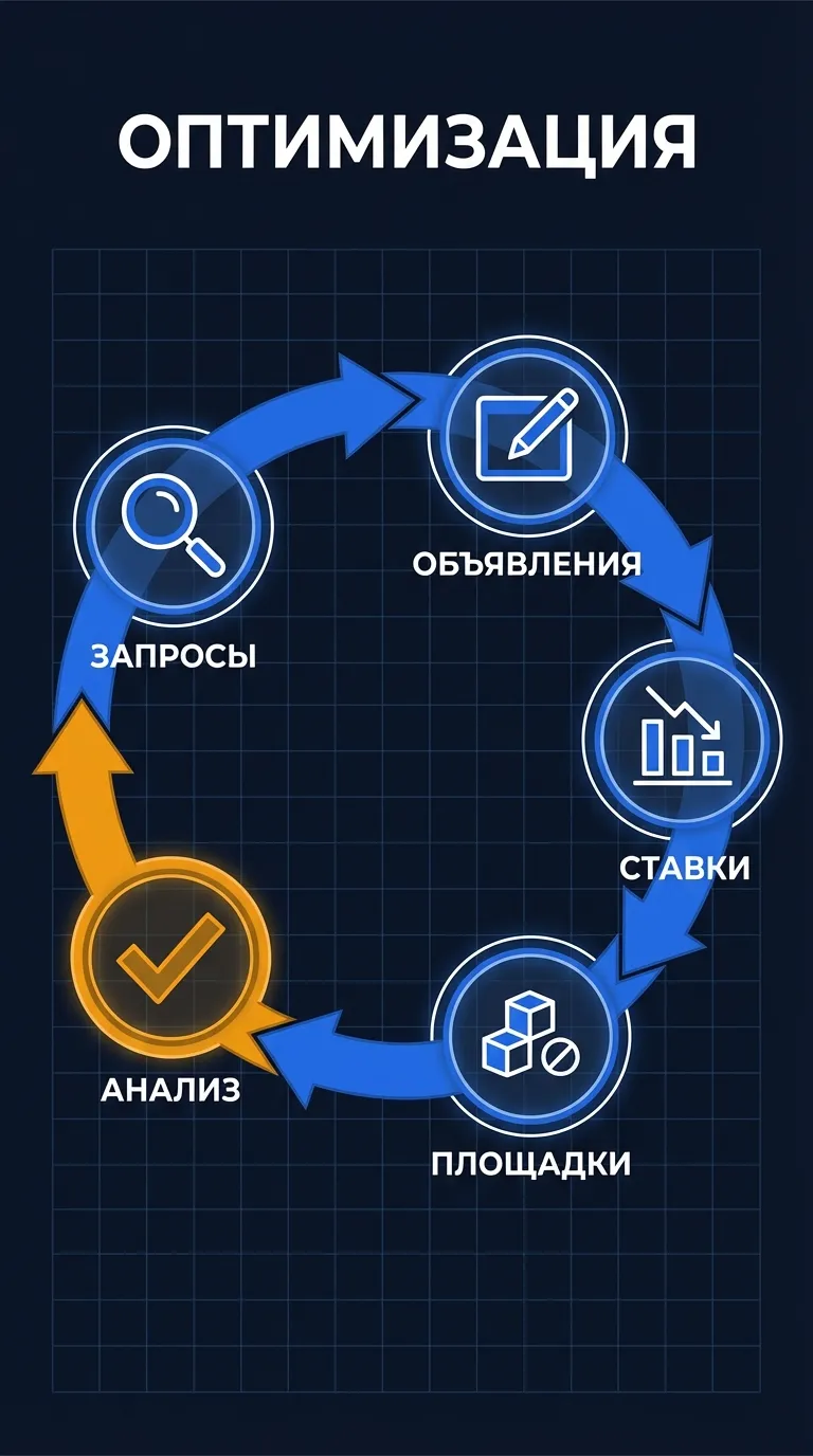 Схема: цикл оптимизации рекламных кампаний в Яндекс.Директ — запросы, объявления, ставки, площадки и анализ