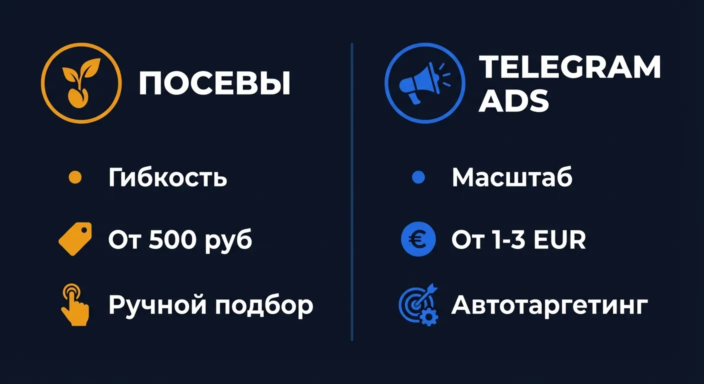 Сравнение двух форматов рекламы в Telegram: посевы в каналах от 500 рублей с ручным подбором и Telegram Ads от 1-3 евро с автотаргетингом