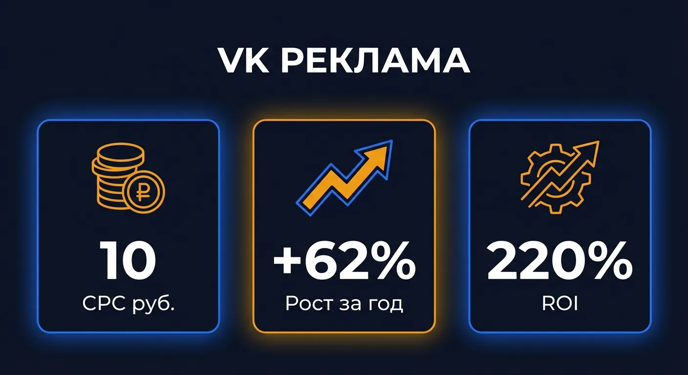 Показатели VK Рекламы в 2026 году: средний CPC от 8 до 12 рублей, рост стоимости 62 процента за год, ROI от 150 до 300 процентов