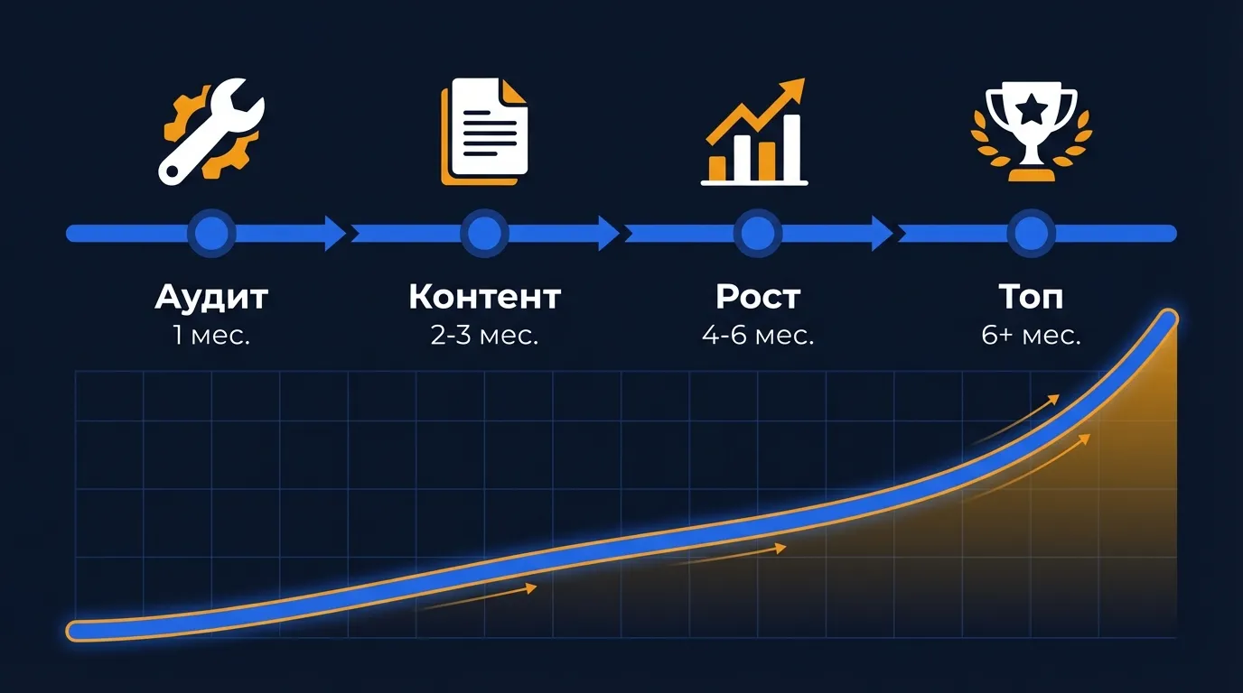 Этапы SEO-продвижения по месяцам: аудит на первом месяце, контент на втором-третьем, рост трафика к четвертому, выход в топ после шестого