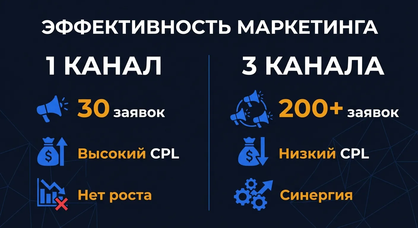 Схема синергии трех каналов продвижения: SEO, Яндекс.Директ и Авито усиливают друг друга на разных этапах воронки