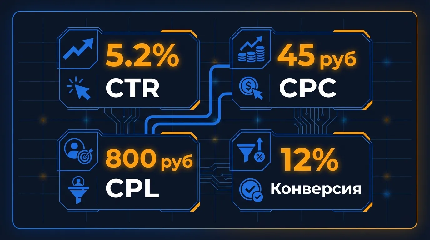 Дашборд метрик Яндекс.Директ для клининга: клики, конверсии, стоимость заявки и динамика оптимизации кампаний