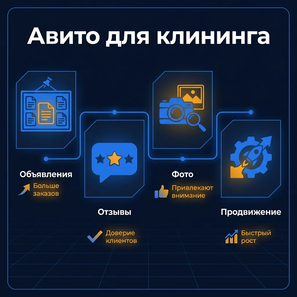 Инфографика продвижения клининга на Авито: структура объявлений, отзывы, фото работ и стоимость заявки