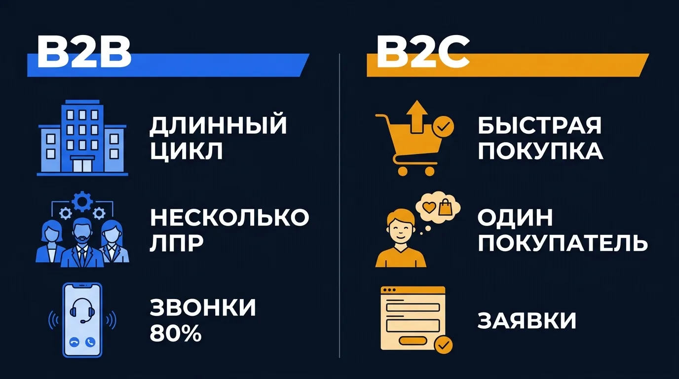 Инфографика сравнения B2B и B2C рекламы в Яндекс.Директ: цикл сделки, ЛПР, тип обращений