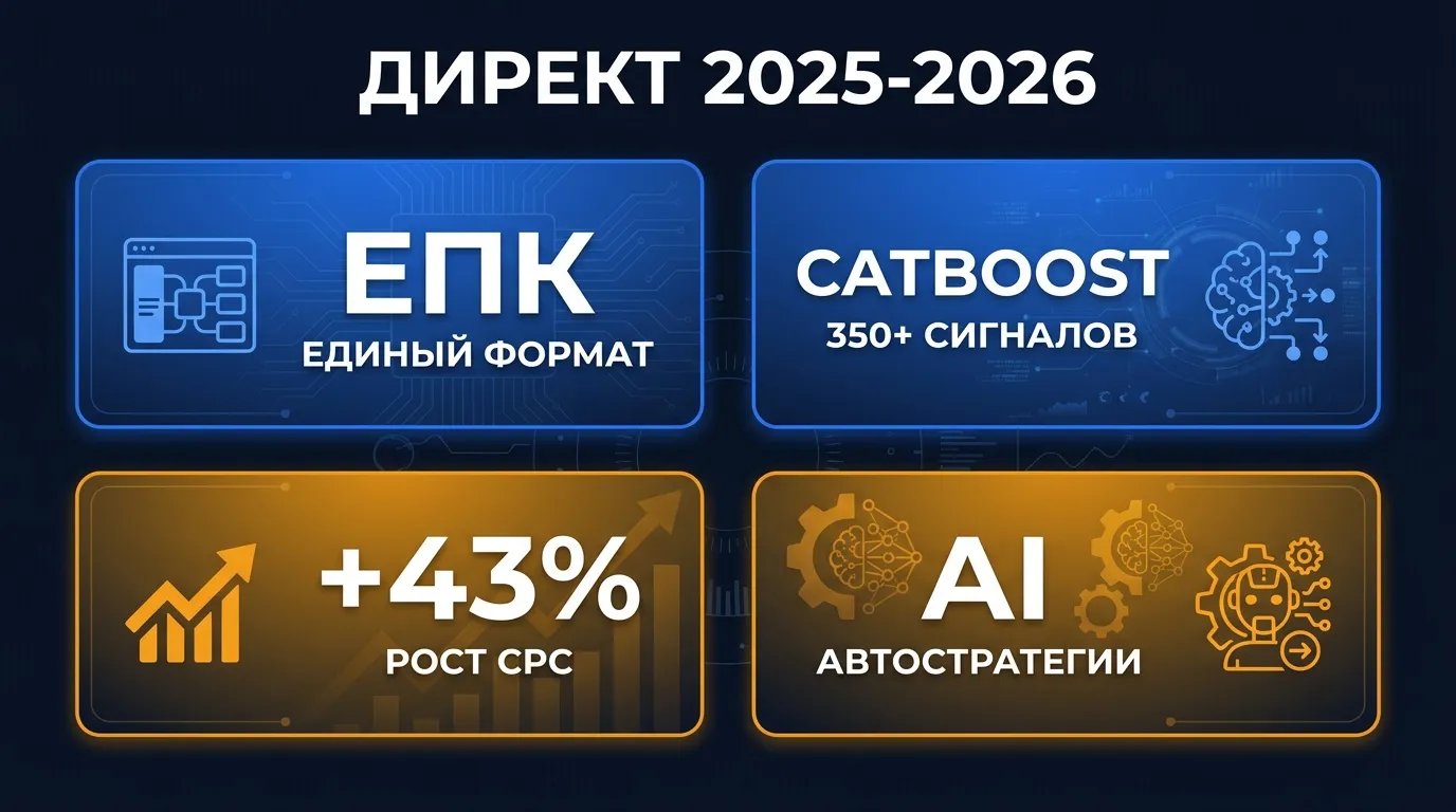 Дашборд ключевых изменений Яндекс.Директ 2025-2026: ЕПК, CatBoost, рост CPC, автостратегии