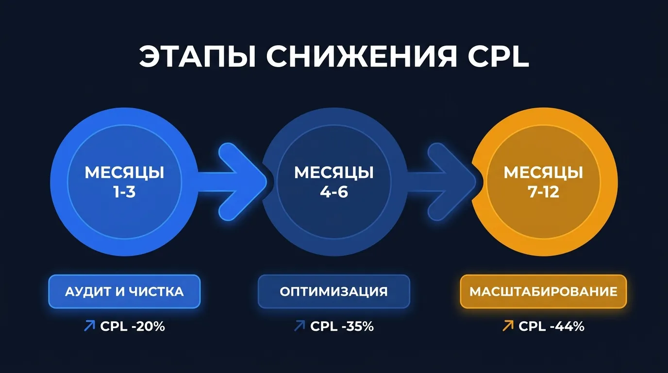 Таймлайн оптимизации B2B-кампании в Директе: три этапа снижения CPL за 12 месяцев