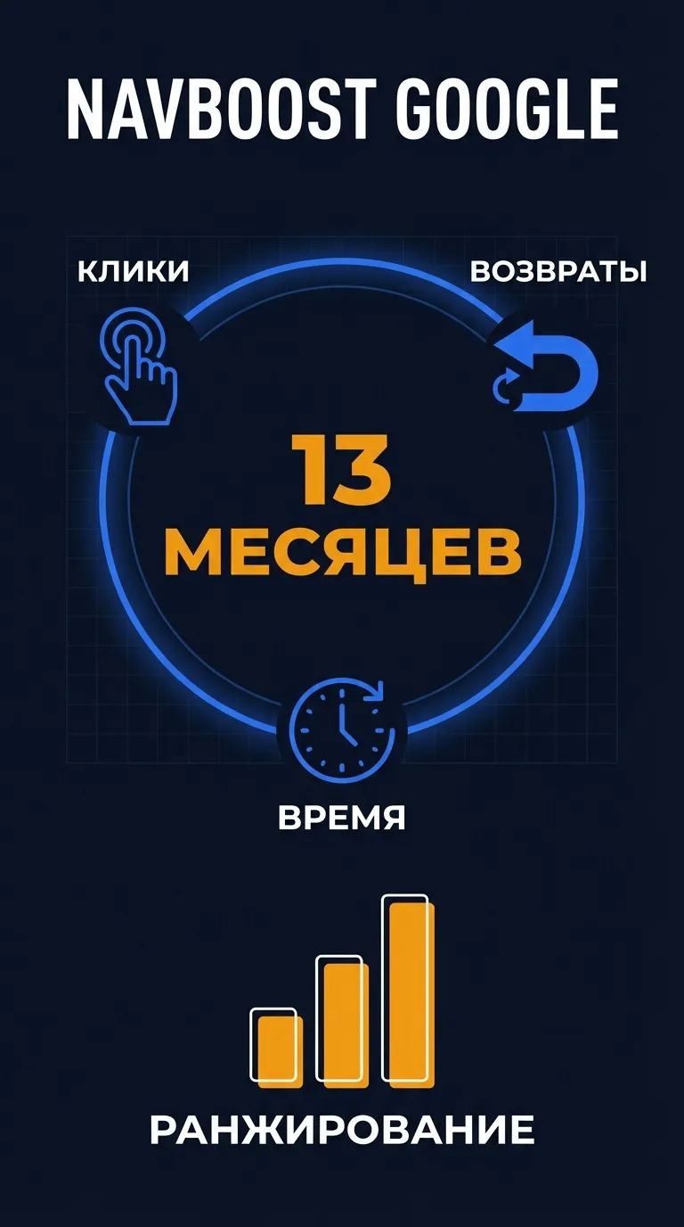 Диаграмма: алгоритм Navboost Google — анализ кликов, возвратов и времени на сайте за 13 месяцев данных