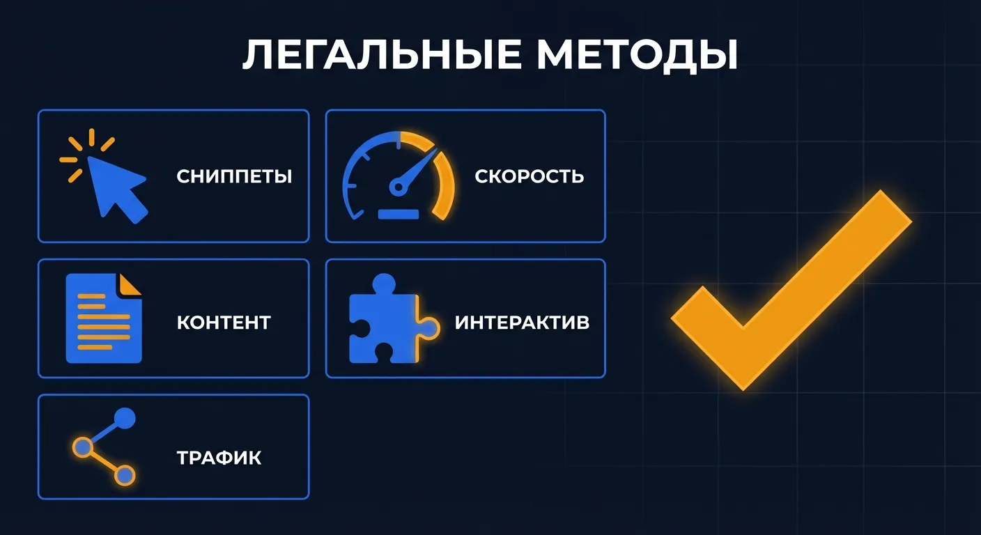 Инфографика: пять легальных методов улучшения поведенческих факторов — сниппеты, скорость, контент, интерактив