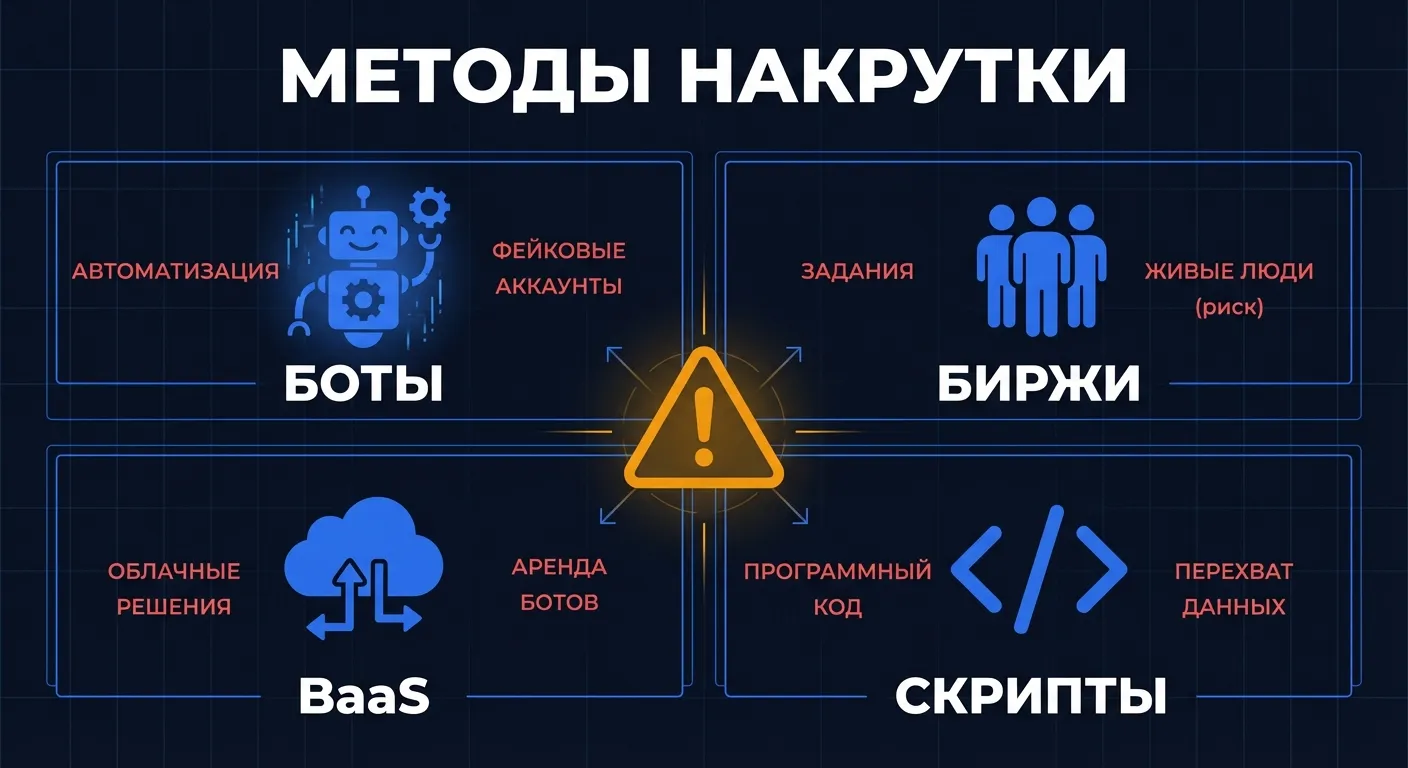 Инфографика: четыре метода накрутки поведенческих факторов — боты, биржи заданий, BaaS-платформы и скрипты