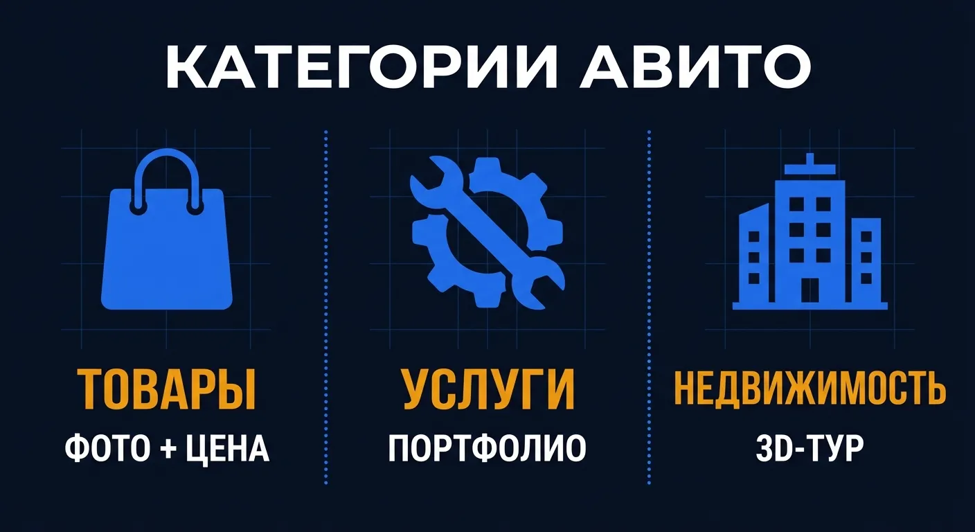 Сравнение категорий Авито: товары — фото и цена, услуги — портфолио, недвижимость — 3D-тур и профессиональные фото