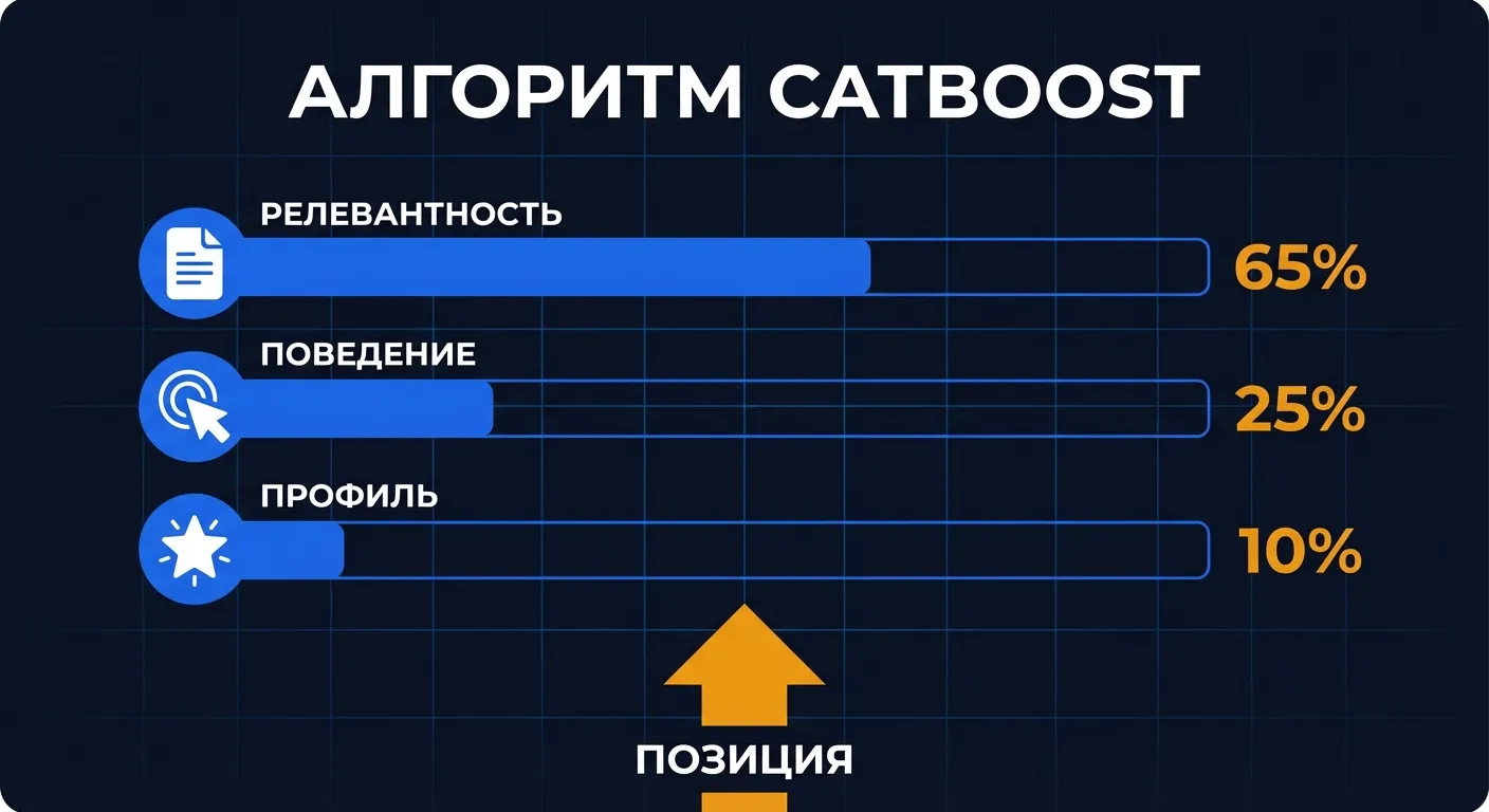 Диаграмма: алгоритм CatBoost на Авито — вес факторов ранжирования: релевантность 65%, поведение 25%, профиль 10%