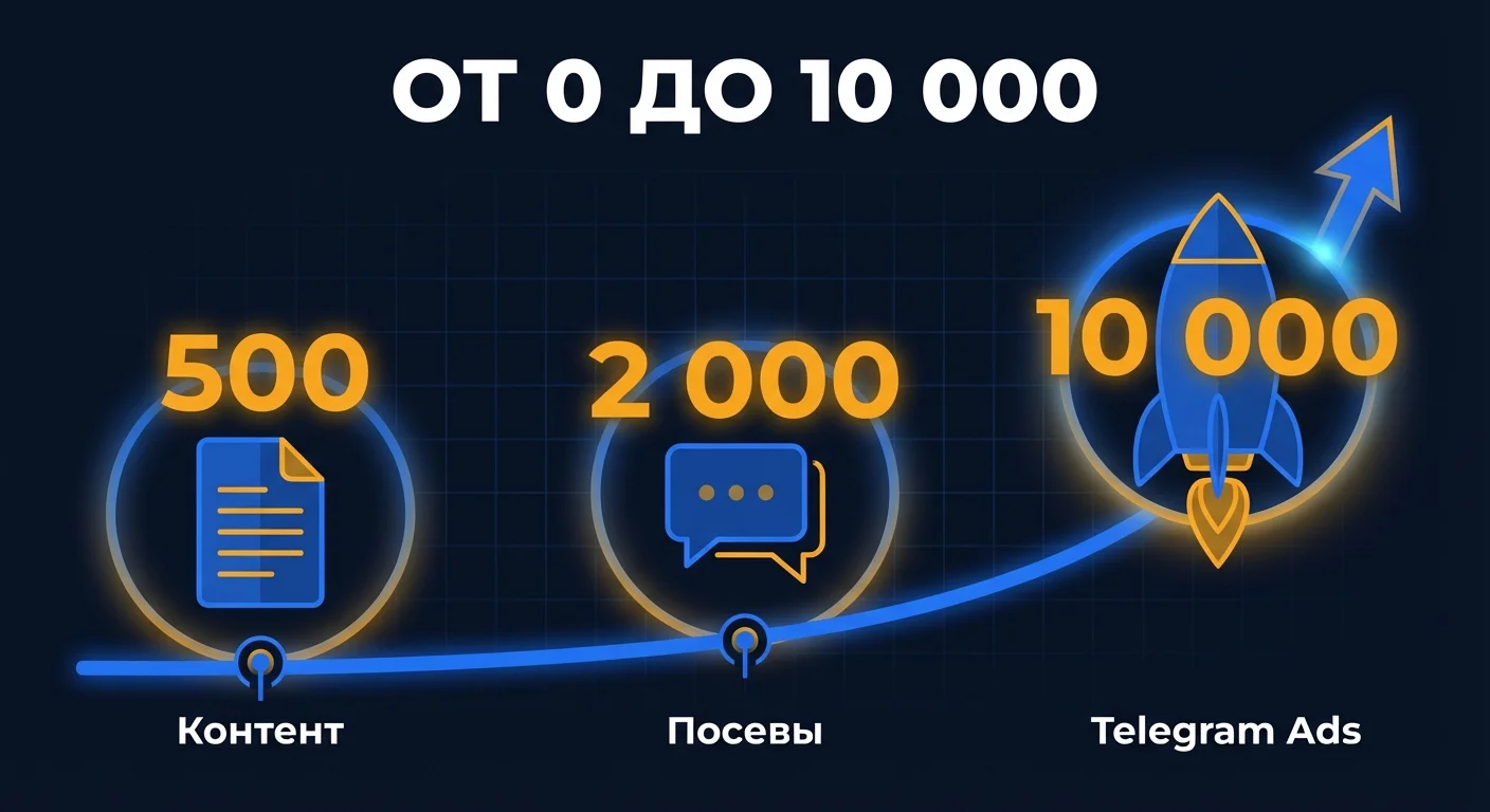 Диаграмма: путь роста Telegram-канала от 0 до 10 000 подписчиков - три ключевых этапа с методами продвижения