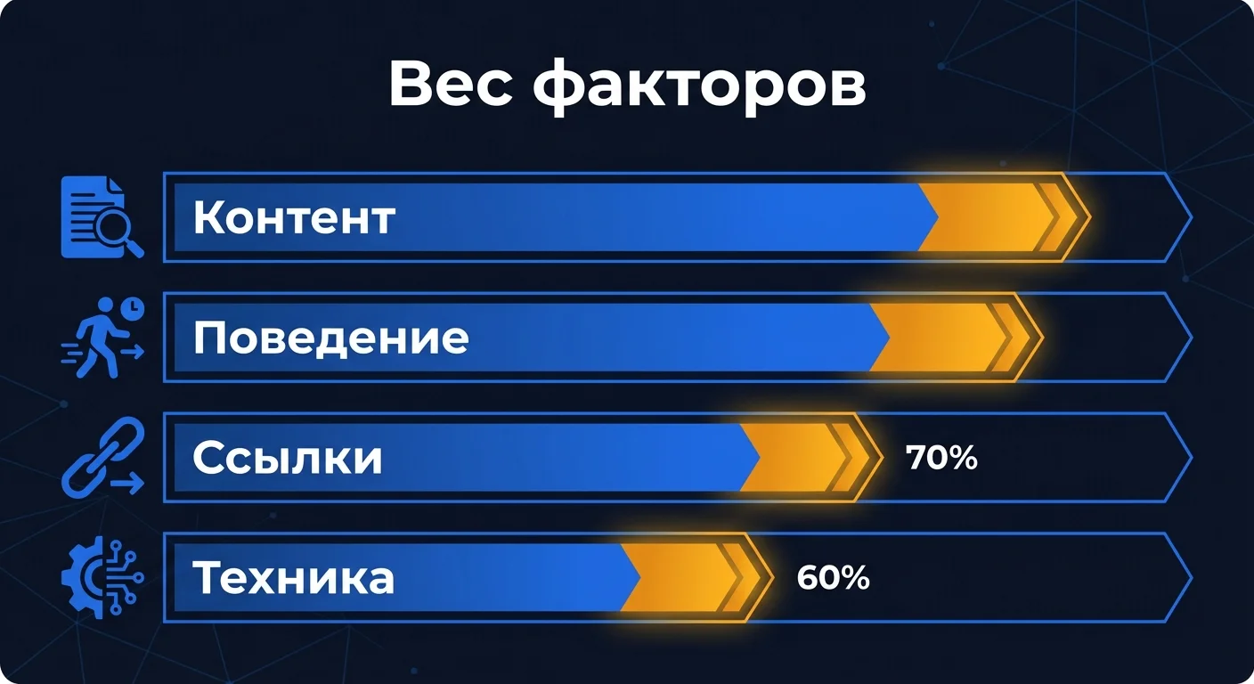 Dashboard: относительный вес факторов ранжирования - контент, поведение, техника и ссылки для SEO-стратегии