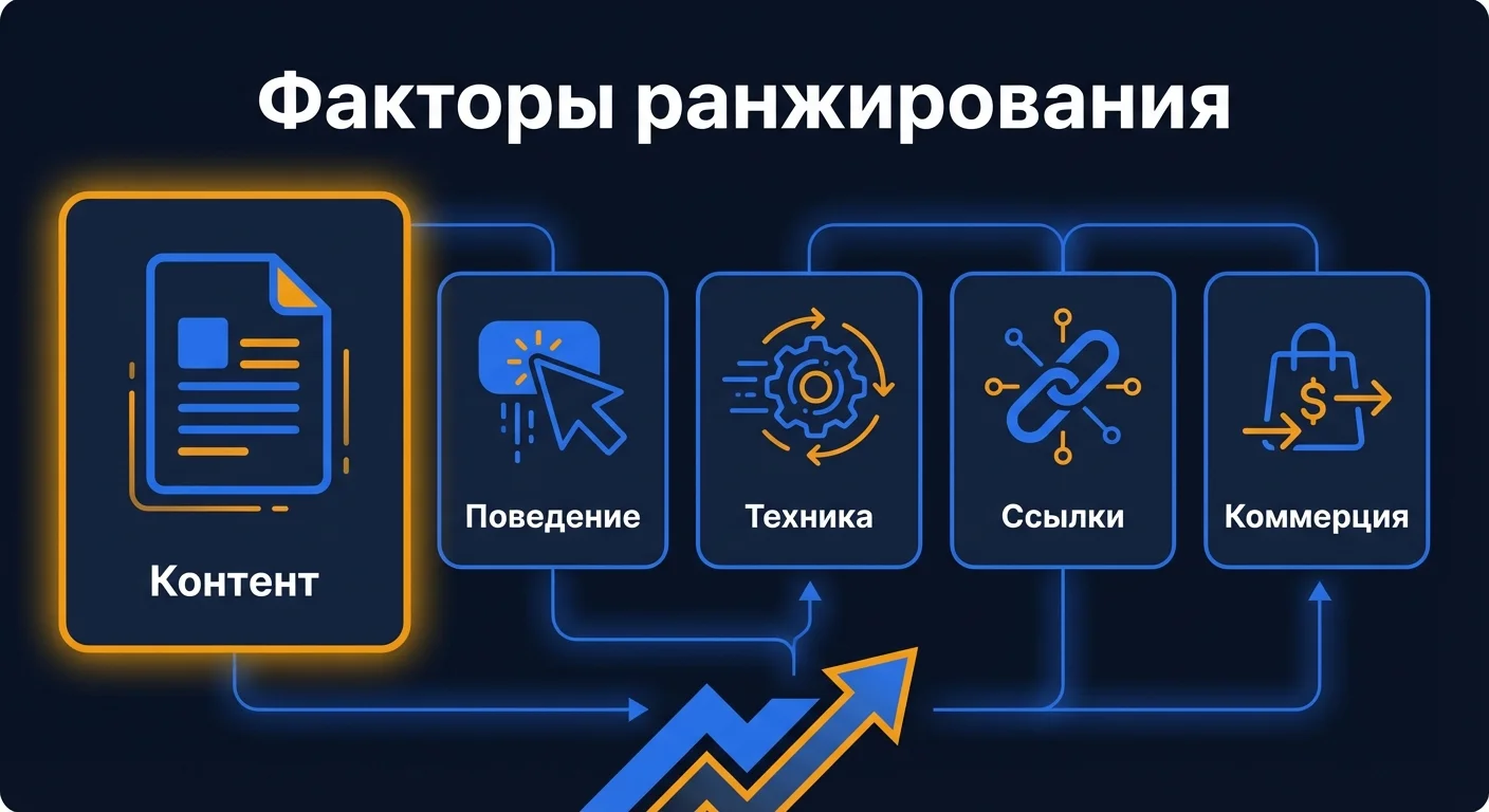 Диаграмма: пять групп факторов ранжирования - контент, поведение, техника, ссылки и коммерческие сигналы