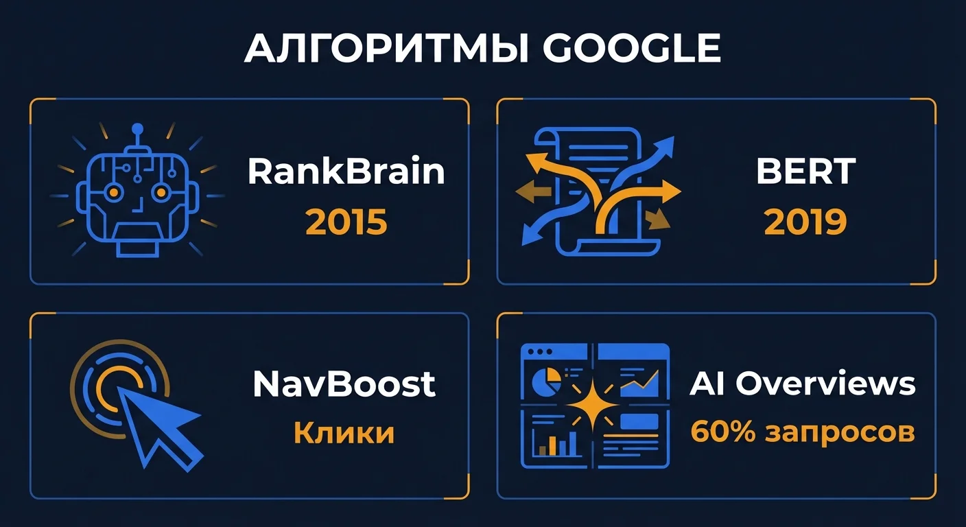 Инфографика: алгоритмы ранжирования Google - RankBrain, BERT, NavBoost и AI Overviews с датами запуска