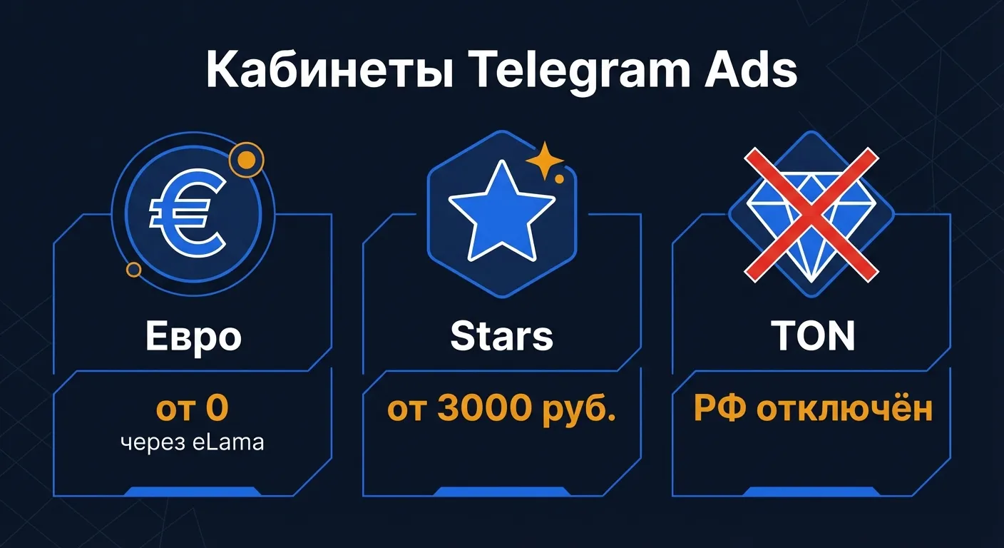 Диаграмма: три рекламных кабинета Telegram Ads - евро-кабинет через eLama, Stars-кабинет и TON-кабинет