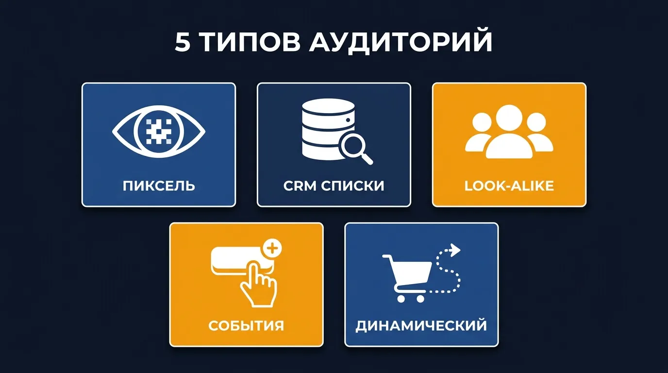 Пять типов аудиторий ретаргетинга в VK Рекламе: пиксель, CRM, look-alike, события, динамический