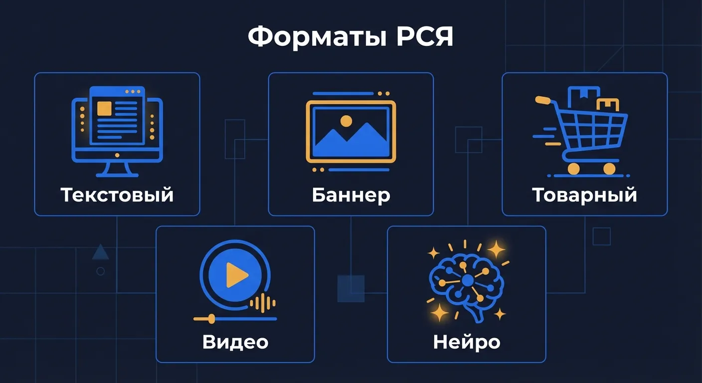 Инфографика: пять форматов объявлений РСЯ — текстовый, баннер, товарный, видео и нейрообъявления
