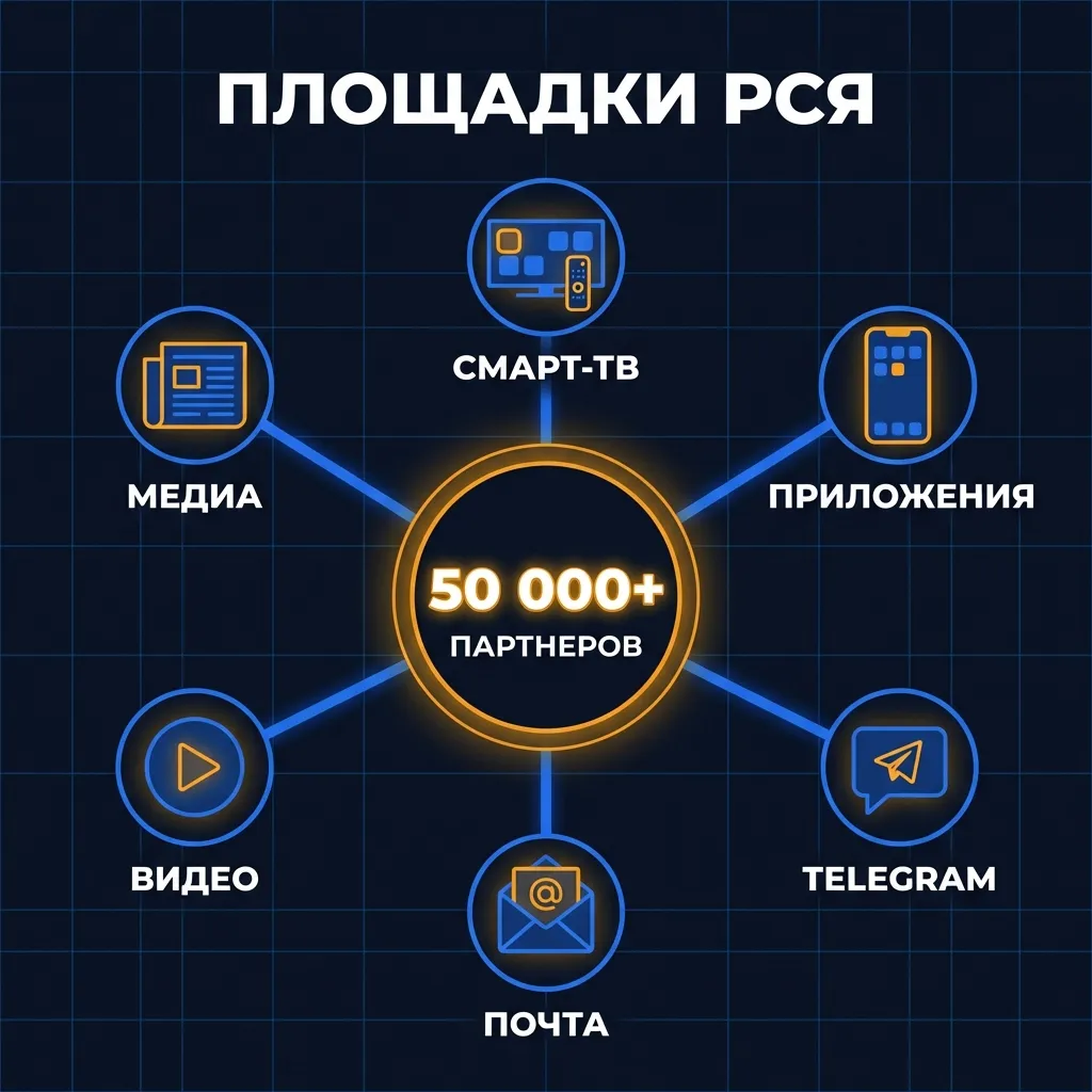 Инфографика: типы площадок РСЯ — медиа, приложения, Telegram, почта, видео и смарт-ТВ