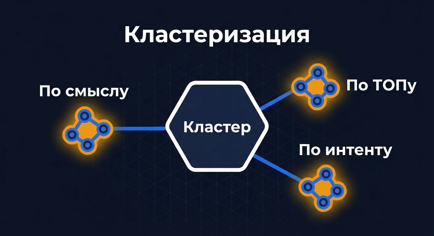 Диаграмма кластеризации: три метода группировки поисковых запросов - по смыслу, по ТОПу выдачи и по интенту