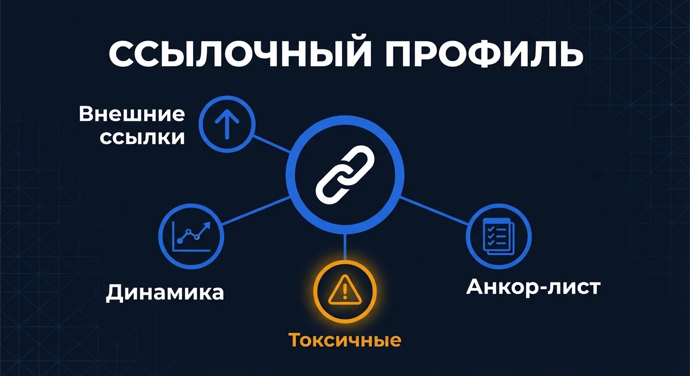 Диаграмма: анализ ссылочного профиля сайта — внешние ссылки, анкоры, токсичные доноры и динамика роста