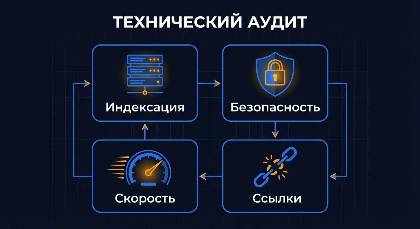 Диаграмма: схема технического SEO-аудита — четыре блока: индексация, безопасность, скорость и ссылки