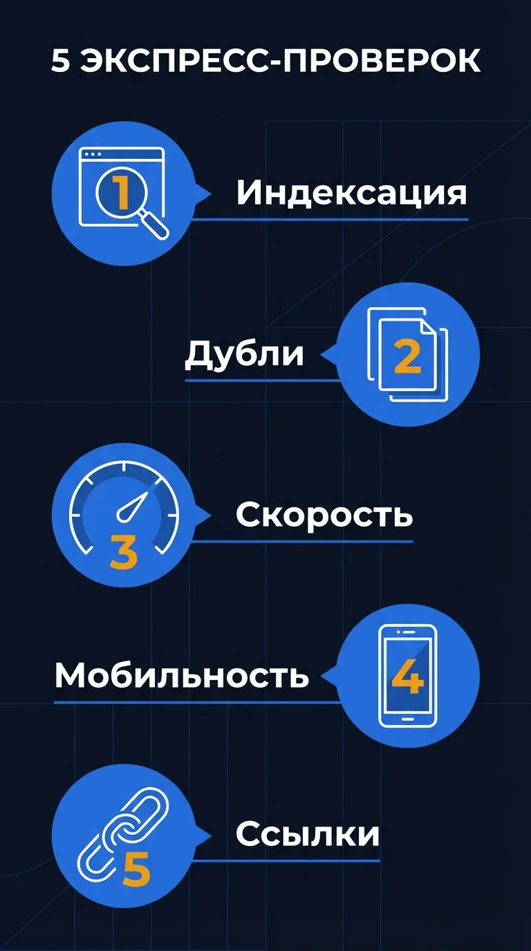 Инфографика: пять экспресс-проверок SEO — индексация, дубли, скорость загрузки, мобильность и ссылочный профиль