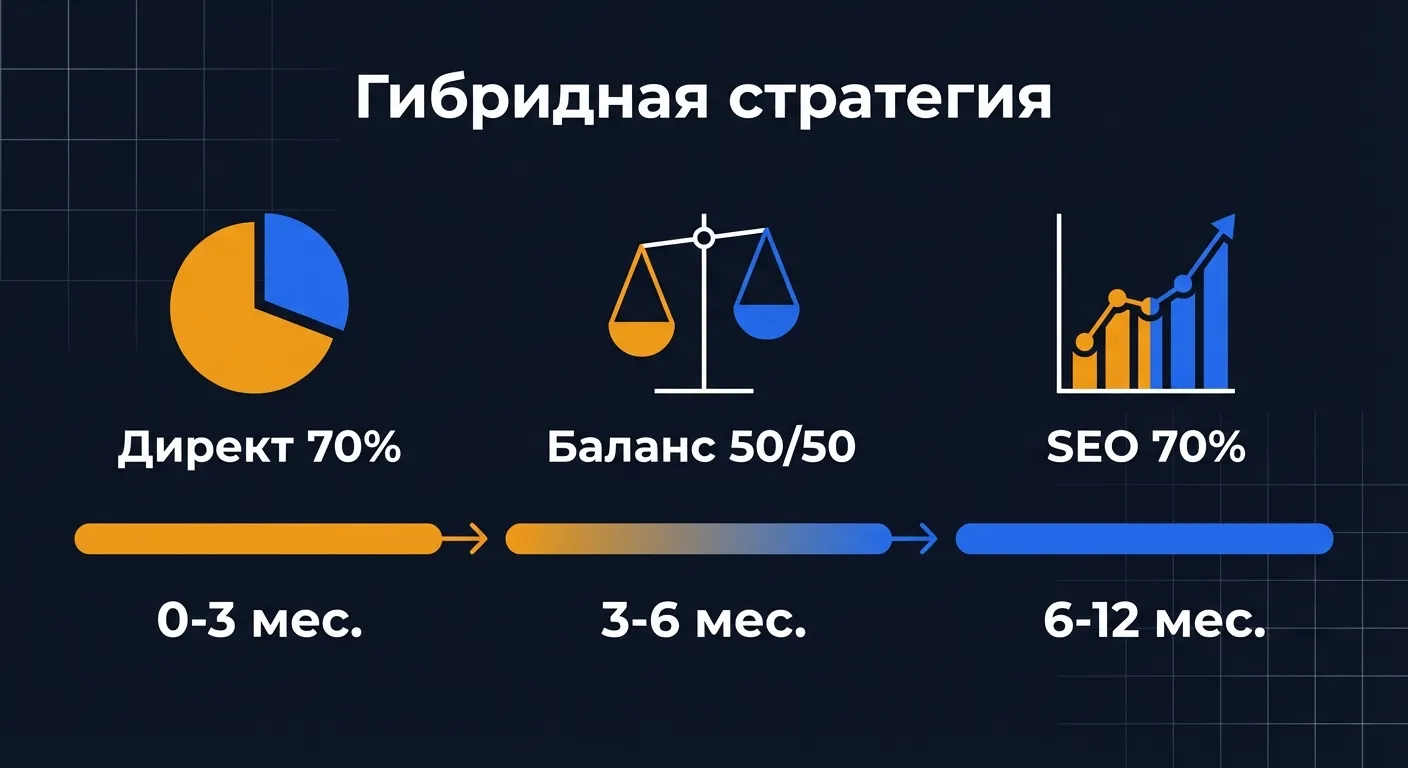 Дорожная карта гибридной стратегии: Директ 70% на старте, баланс 50/50, переход к SEO 70% за 12 месяцев