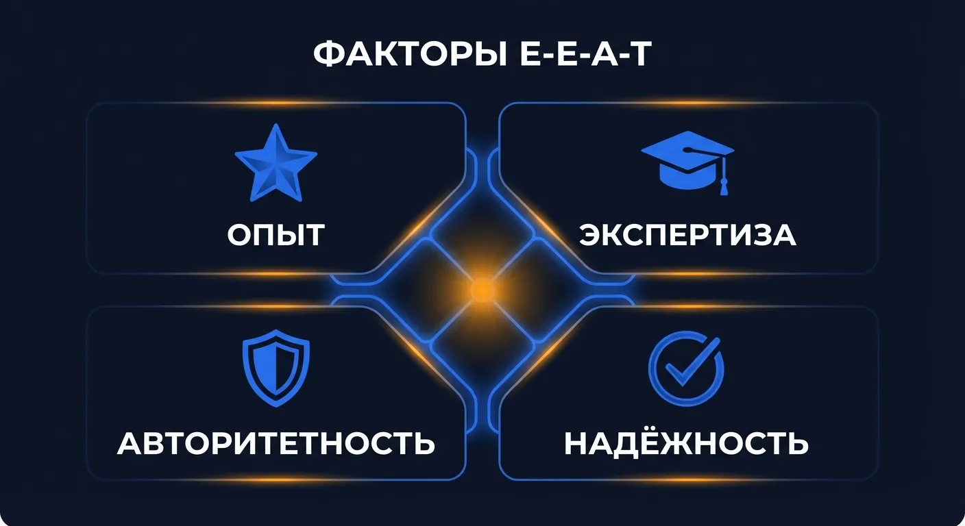 Инфографика: четыре фактора E-E-A-T — опыт, экспертиза, авторитетность и надёжность в оценке контента Google