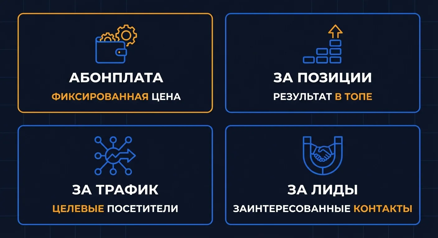 Сравнение четырёх моделей оплаты SEO: абонплата, за позиции, за трафик и за лиды — плюсы и минусы каждой