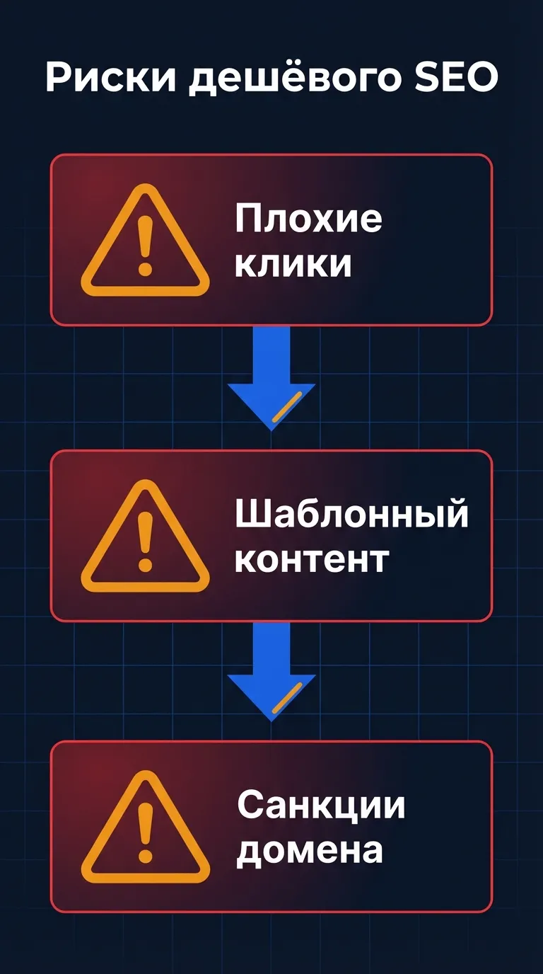 Инфографика: риски дешёвого SEO-продвижения — плохие клики, шаблонный контент и санкции поисковых систем