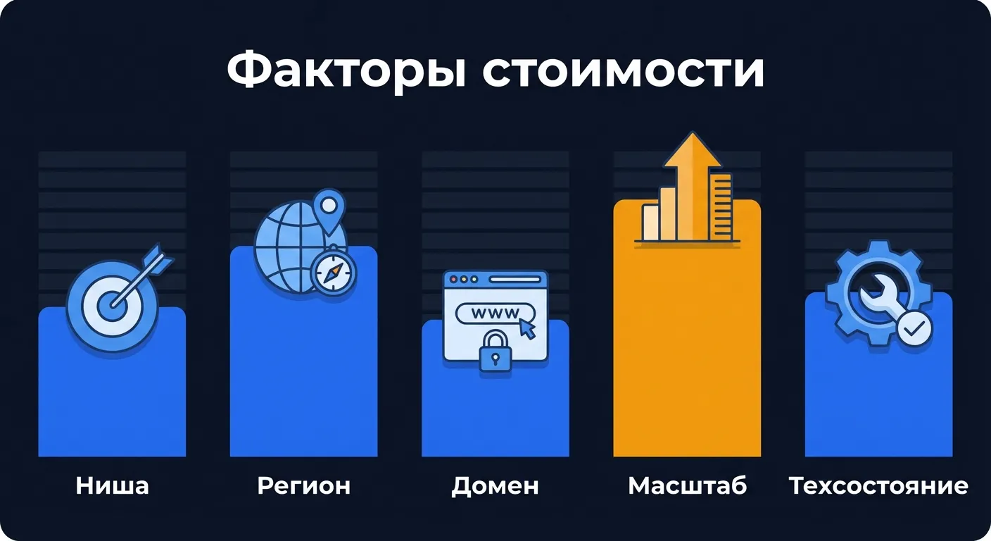 Инфографика: пять факторов стоимости SEO — конкурентность ниши, регион, домен, масштаб сайта, техсостояние