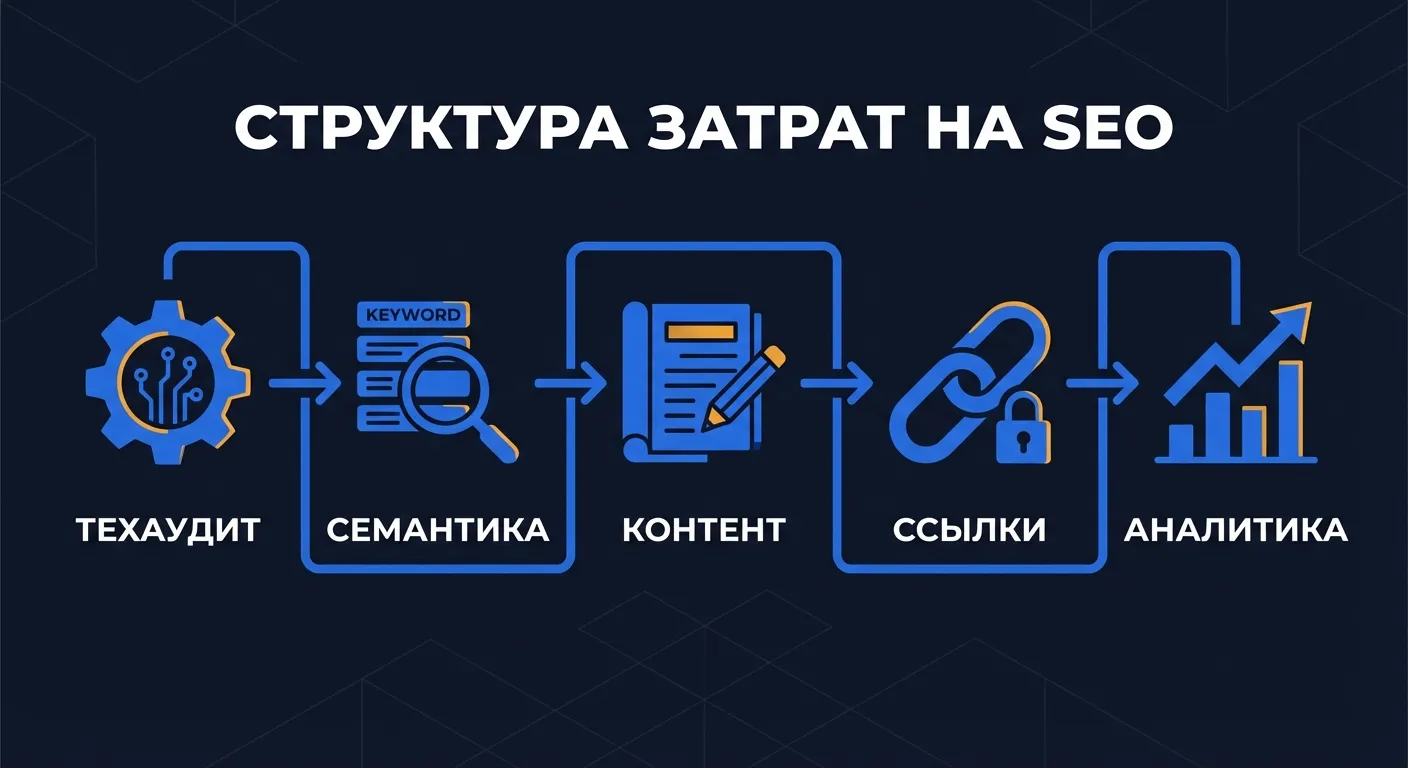 Инфографика: структура затрат на SEO-продвижение — технический аудит, семантика, контент, ссылки и аналитика